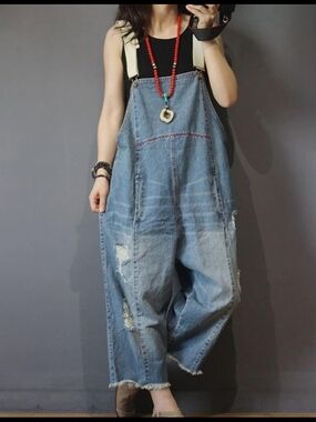 Casual Light Blue Denim Overalls Wide Leg Boxy for Women Sz XL
